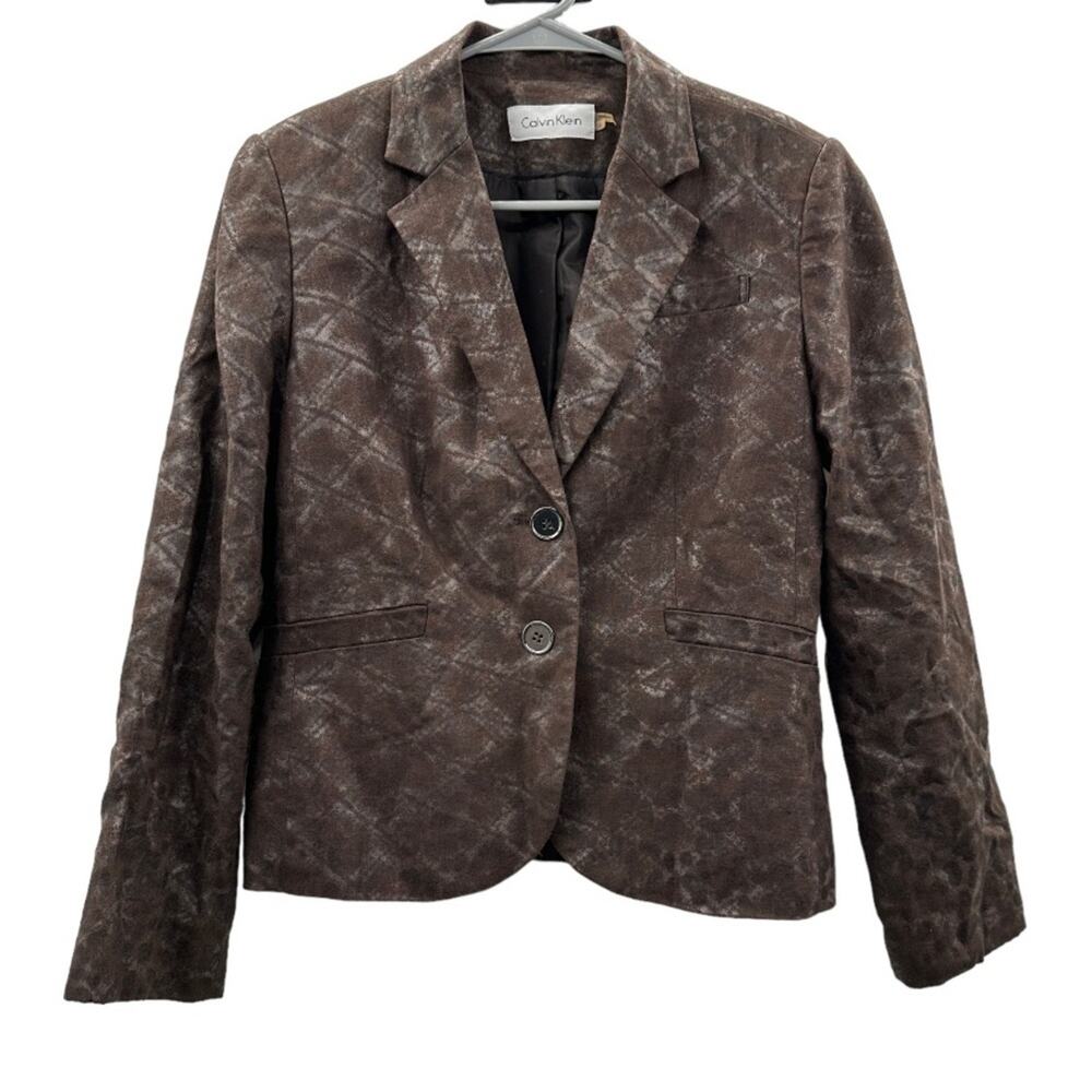 Calvin‎ Klein Brown Silver Metallic Long Sleeve Two Button Blazer Size 6